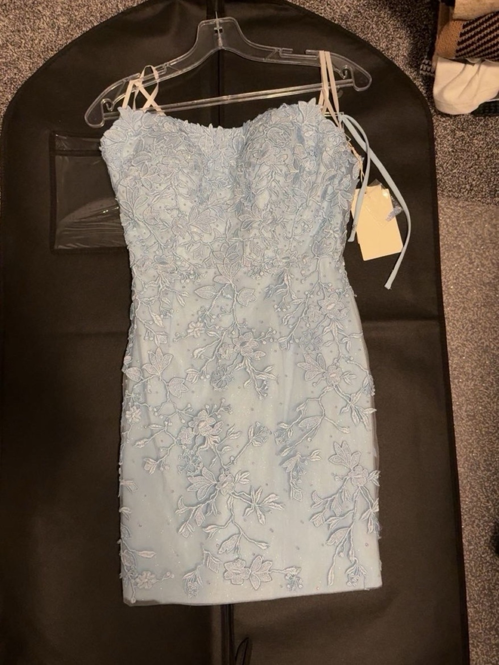 Light Blue Lace-Embroidered Strapless Mini Dress